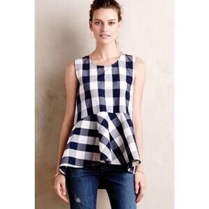 Anthro‎ HD In Paris Gingham Peplum Top Sz S Sleeveless Hi-Lo Navy White Preppy